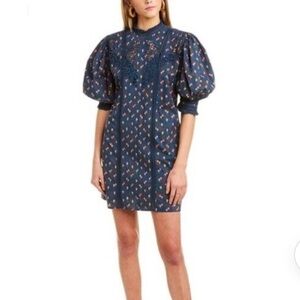 Farm Rio Crochet Pleated Strawberry Puff Sleeves Mini Dress Navy Multi size M